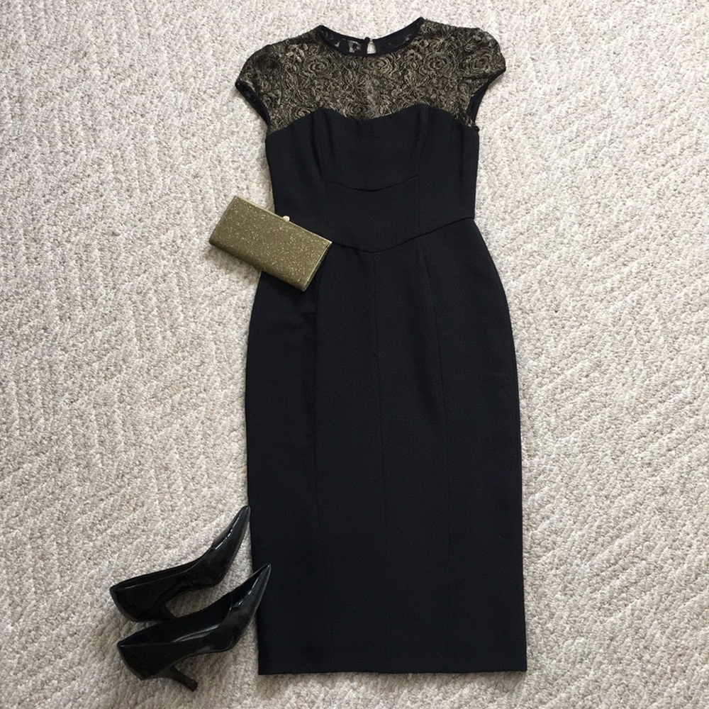 EUC Maggy London Black/Gold Midi Dress - Size 2